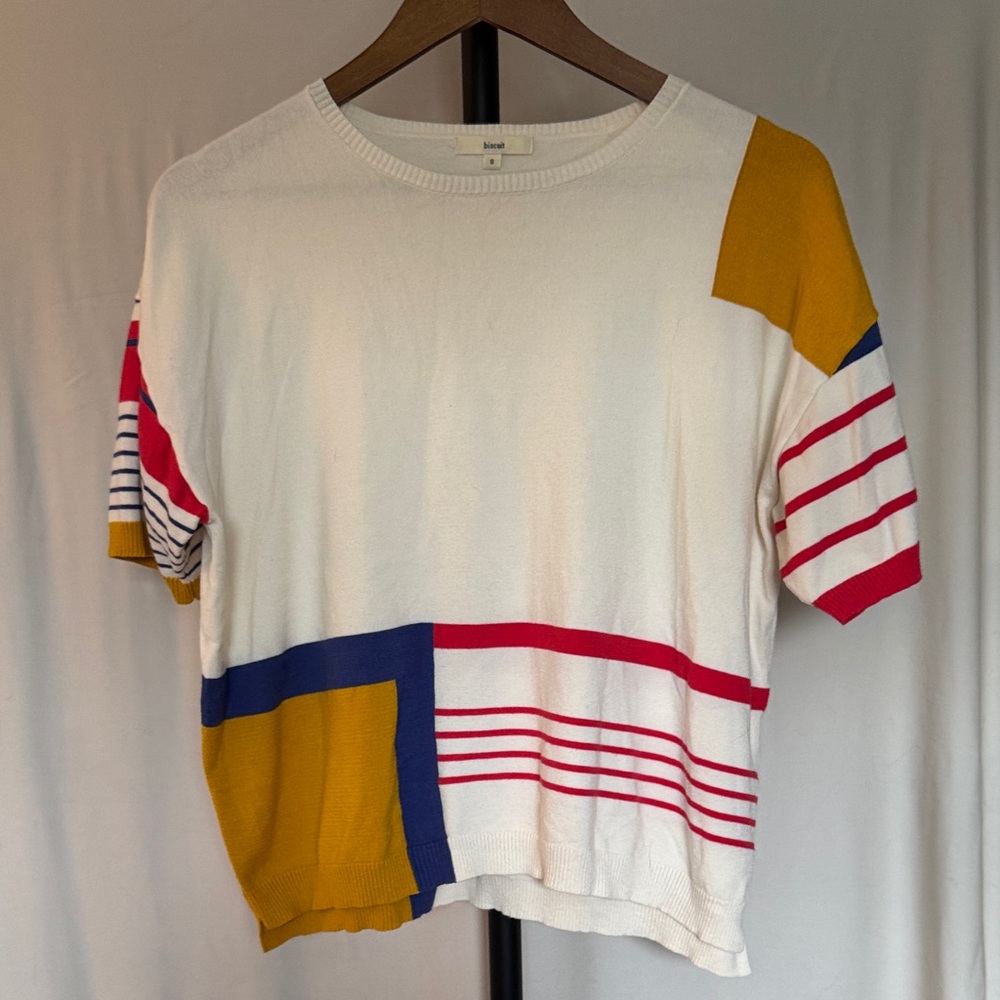 Boxy Colorblock Stripe Knit Tee - White with Mustard, Navy & Red